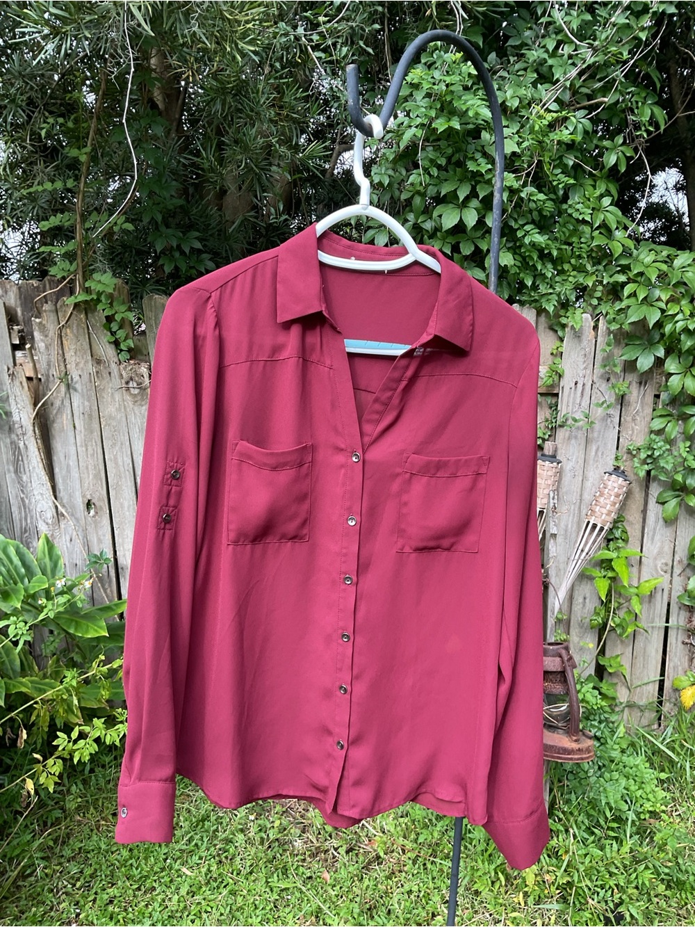Womens Long-Sleeve Button Front Blouse - Wine